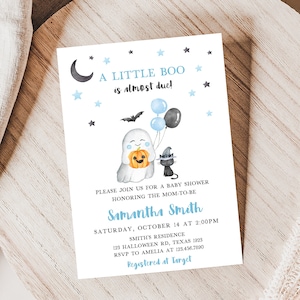 Editable Halloween Baby Shower Invitation, Blue A Little Boo Halloween Baby Shower Invite, Boy Ghost Baby Shower Invitation Template 0443