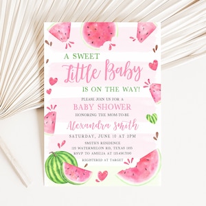 Editable Pink Watermelon Baby Shower Invitation A Sweet Little Baby Watermelon Girl Baby Shower Invite Watermelon Party Invite Template 0266