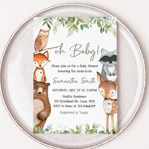 Bearbeitbare Wald Babypartyeinladung, Waldtiere Babypartyeinladung, geschlechtsneutrale Waldtiere laden Vorlage 0322 ein