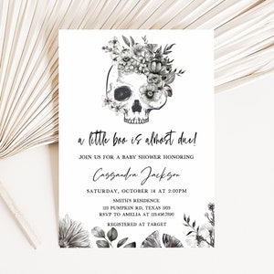 Halloween Black Gothic with Floral Skull with A Little Boo is Almost Due Baby Shower Invitation