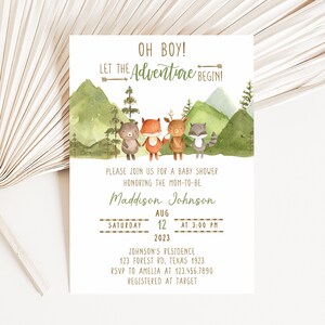 Editable Let the Adventure Begin Woodland Baby Shower Invitation, Forest Mountain Baby Shower Invite, Boy Woodland Animals Invitation 0396