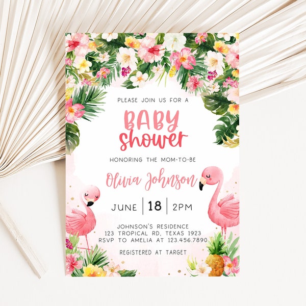 Editable Flamingo Baby Shower Invitation, Tropical Baby Shower Invite, Hawaiian Luau Invitation, Aloha Pineapple Printable Template 0198