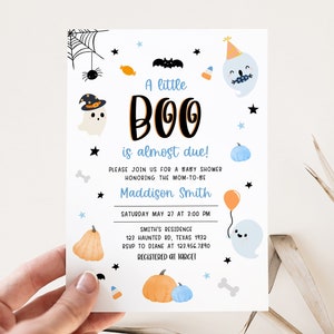 Editable Blue A Little Boo Baby Shower Invitation, Blue Ghost Halloween Baby Shower Invite, Boy Halloween Baby Shower Invite Template 0367