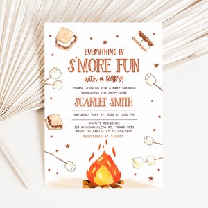 Editable S&#39;more Baby Shower Invitation, Fall Bonfire Baby Shower Invite, Rustic Autumn Smores Camping Baby Shower Invitation Template 0354