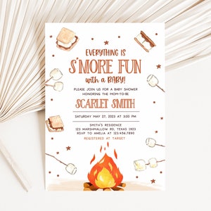 Editable S'more Baby Shower Invitation, Fall Bonfire Baby Shower Invite, Rustic Autumn Smores Camping Baby Shower Invitation Template 0354