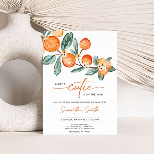 Editable A Little Cutie Baby Shower Invitation, Greenery Orange Baby Shower Invite, Neutral Cutie on the Way Baby Shower Invitation, 0660 image 1