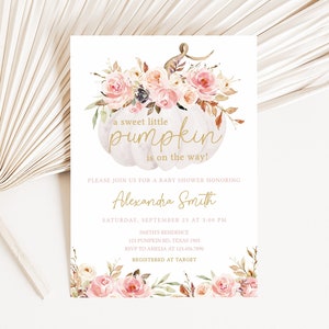 Pumpkin on Fall Theme with Pink Flowers Baby Shower Invitation