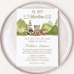 Editable Let the Adventure Begin Woodland Baby Shower Invitation, Adventure Woodland Baby Shower Invite, Forest Baby Shower Invitation, 0480