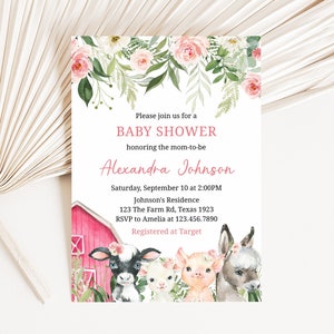 Editable Girl Farm Baby Shower Invitation, Floral Farm Animals Baby Shower Invite, Pink Barnyard Editable Invitation Printable Template 0208