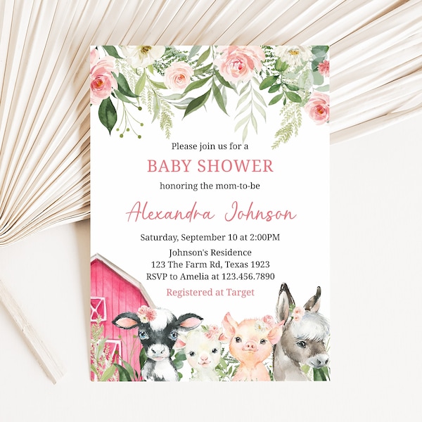 Editable Girl Farm Baby Shower Invitation, Floral Farm Animals Baby Shower Invite, Pink Barnyard Editable Invitation Printable Template 0208