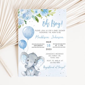 Editable Elephant Baby Shower Invitation, Blue Balloon Baby Shower Invite, Baby Boy Elephant Invitation Safari Printable Template 0231