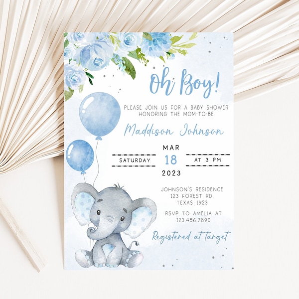 Invitación editable de baby shower de elefante, invitación de baby shower con globo azul, plantilla imprimible de safari de invitación de elefante de niño bebé 0231