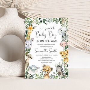 Editable Safari Baby Shower Invitation, Sweet Baby Boy Jungle Baby Shower Invite, Greenery Safari Animals Boy Baby Shower Invitation, 0678 image 1