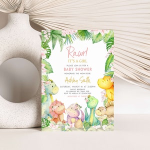 Editable Baby Girl Dinosaur Baby Shower Invitation, Floral Dino Baby Shower Invite, Greenery Dinosaur Girl Baby Shower Invitation, 0688 image 1