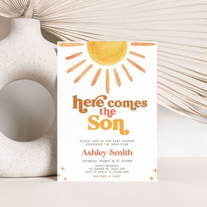 Editable Sunshine Baby Shower Invitation, Here Comes the Son Baby Shower Invite, Retro Sun Baby Shower Invite, Boy Boho Sunshine Invite 0640 image 1
