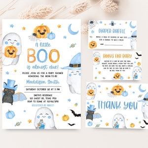 Editable A Little Boo Baby Shower Invitation Bundle, Blue Halloween Baby Shower Invite Set, Boy Ghost Halloween Baby Shower Invite Pack 0459