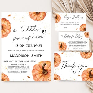 Editable Little Pumpkin Baby Shower Invitation Bundle, Fall Minimalist Baby Shower Invite Set, Gender Neutral Autumn Pumpkin Invitation 0427