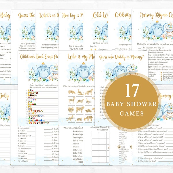 Tea Party Baby Shower Games Bundle, Floral Blue Gold Tea Baby Shower Game Pack, Baby is Brewing Boy Shower Printable Instant Download 0147