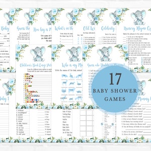 May include: A set of 17 baby shower games featuring a blue and white elephant theme. The games include "Guess the Baby Food", "Who is my Mommy?", "Guess Who Duddle is Mommy?", "Mommy Best?", "Baby Bingo", "What's in the Diaper Bag?", "Old Wives Tales", "Celebrity Baby Match", "Nursery Rhyme Quiz", "Guess the Book Emoji Picture", "How Big is Mommy's Belly?", "Baby I Spy", "What's in the Diaper Bag?", "Guess the Baby Food", "Old Wives Tales", "Celebrity Baby Match", and "Nursery Rhyme Quiz".