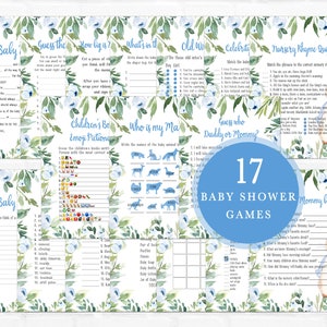 Peter Rabbit-Babypartyspiele druckbare, Blaue Peter Rabbit-Babypartyspiele bündeln, Junge Rustikale Greenery Bunny-Babyparty-Spielpackung 0175