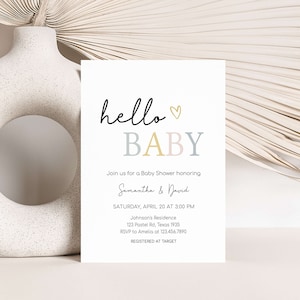 Invito per baby shower minimalista modificabile, invito per baby shower Boho moderno, modello di invito per baby shower Hello Baby, neutro, 0656