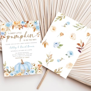 Editable Blue Floral Pumpkin Baby Shower Invitation, Boy Fall Baby Shower Invite, Autumn A Little Pumpkin Baby Shower Invite Template  0472