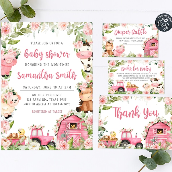 Editable Farm Baby Shower Invitation Set, Floral Pink Barnyard Baby Shower Invite Pack, Girl Farm Animals Invitation Printable Template 0321