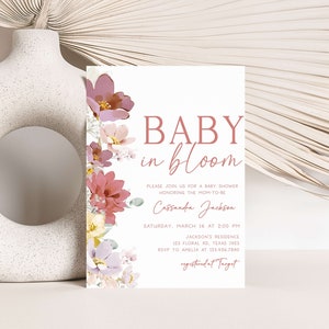 Editable Baby in Bloom Baby Shower Invitation, Spring Flowers Baby Shower Invite, Pink Florals Girl Baby Shower Invitation Template, 0613 image 1