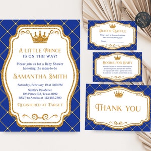 Editable Royal Prince Baby Shower Invitation Set, Navy and Gold Crown Little Prince Invitation Bundle, Royal Instant Download Template 0135