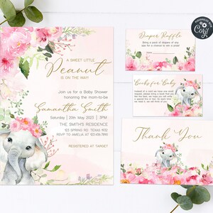 May include: A pink and green baby shower invitation with a cute elephant illustration and floral accents. The invitation reads "A Sweet Little Peanut is on the way!" and includes the name Samantha Smith, the date and time of the shower, and the location. It also includes a diaper raffle and books for baby cards.