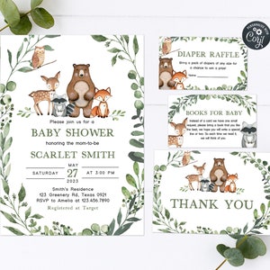 Set di inviti per baby shower modificabili nel bosco Set di inviti per baby shower per animali del bosco Pacchetto di inviti per baby shower nel verde Modello stampabile per inviti per animali della foresta 0336