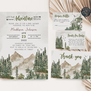 Editable Let the Adventure Begin Baby Shower Invitation Set Woodland Baby Shower Invite Pack Forest Mountain Gender Neutral Template 0193