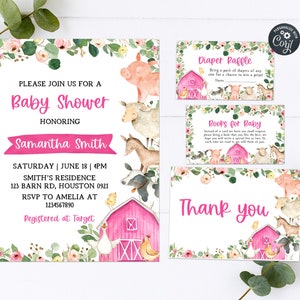 Editable Girl Farm Animals Baby Shower Invitation Set, Pink Farm Baby Shower Invite Bundle, Girl Floral Barnyard, Printable Template 0191