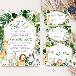 May include: A jungle-themed baby shower invitation with a gold geometric frame and green leaves. The invitation says "A Little Wild One is on the way!" and includes the name "Samantha Smith".