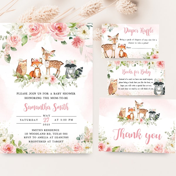 Editable Girl Woodland Baby Shower Invitation Bundle, Pink Floral Woodland Baby Shower Invite Set, Girl Woodland Animals Invitation Set 0319