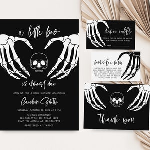 Pacote editável de convite para chá de bebê de Halloween, conjunto de convite para chá de bebê gótico preto, modelo de convite para chá de bebê com caveira Little Boo 0430