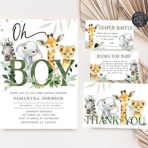 Editable Oh Boy Safari Baby Shower Invitation Set, Jungle Baby Shower Invite Bundle, Greenery Jungle Safari Animals Invitation Template 0391