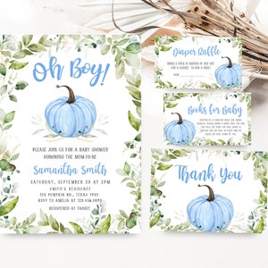 Editable Oh Boy Pumpkin Baby Shower Invitation Bundle, Greenery Pumpkin Baby Shower Invite Set, Autumn Fall Baby Shower Invitation Pack 0405