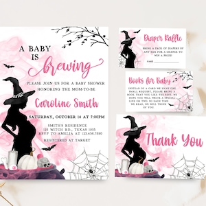Editable A Baby is Brewing Girl Halloween Baby Shower Invitation Bundle, Witch Baby Shower Invite Set, Halloween Baby Shower Invitation 0452