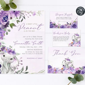 Conjunto de invitación de baby shower de elefante púrpura editable Paquete de invitación de baby shower floral de lavanda Plantilla imprimible de invitación de elefante de niña 0228
