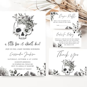 Editable Halloween Baby Shower Invitation Bundle, Black Gothic Baby Shower Invite Set, Black Floral Skull Invitation Pack, A Little Boo 0432
