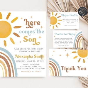 Editable Here Comes the Son Baby Shower Invitation Set, Sunshine Baby Shower Invite Pack, Retro Boho Sunshine Invite Printable Template 0385