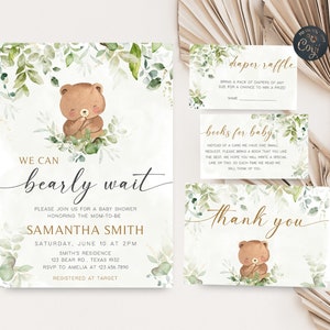 Editable Bear Baby Shower Invitation Set We Can Bearly Wait Baby Shower Invite Pack Greenery Gold Teddy Bear Invite Printable Template 0335