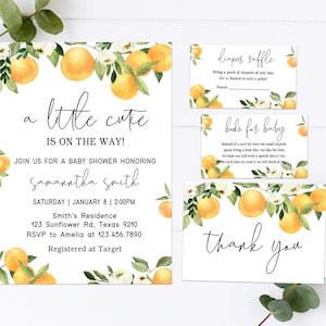 A Little Cutie is on the Way Clementine Orange Baby Shower Invitation Set, Editable Gender Neutral Baby Shower Invites, Printable 0172