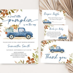 Blue Pick Up Truck carrying Fall Pumpkins at the back with Autumn Leaves on the side with A Sweet Little Pumpkin is on the way Baby Shower Invitation Set