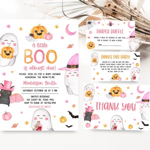 Editable A Little Boo Baby Shower Invitation Bundle, Pink Halloween Baby Shower Invite Set, Girl Ghost Halloween Baby Shower Invite 0457