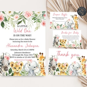 Editable Jungle Baby Shower Invitation Set, Girl Safari Animals Baby Shower Invite Bundle, Wild One Safari Invitation, Floral Baby Girl 0185