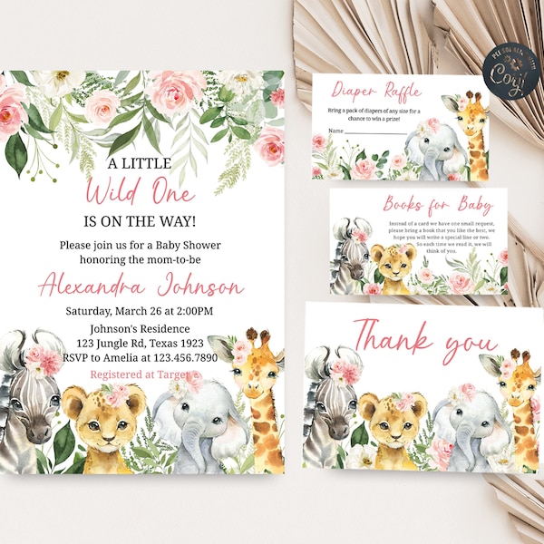 Conjunto editável de convite para chá de bebê na selva, pacote de convite para chá de bebê com animais Safari para meninas, convite Wild One Safari, bebê floral 0185