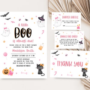 Editable A Little Boo Baby Shower Invitation Bundle, Girl Ghost Halloween Baby Shower Invite Set, Pink Halloween Baby Shower Invitation 0446