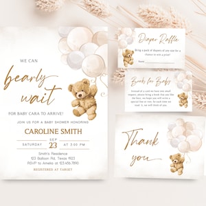 Paquete de invitación editable para baby shower con globos de oso, conjunto de invitación para baby shower con osito de peluche, oso pardo neutro en cuanto a género 0419